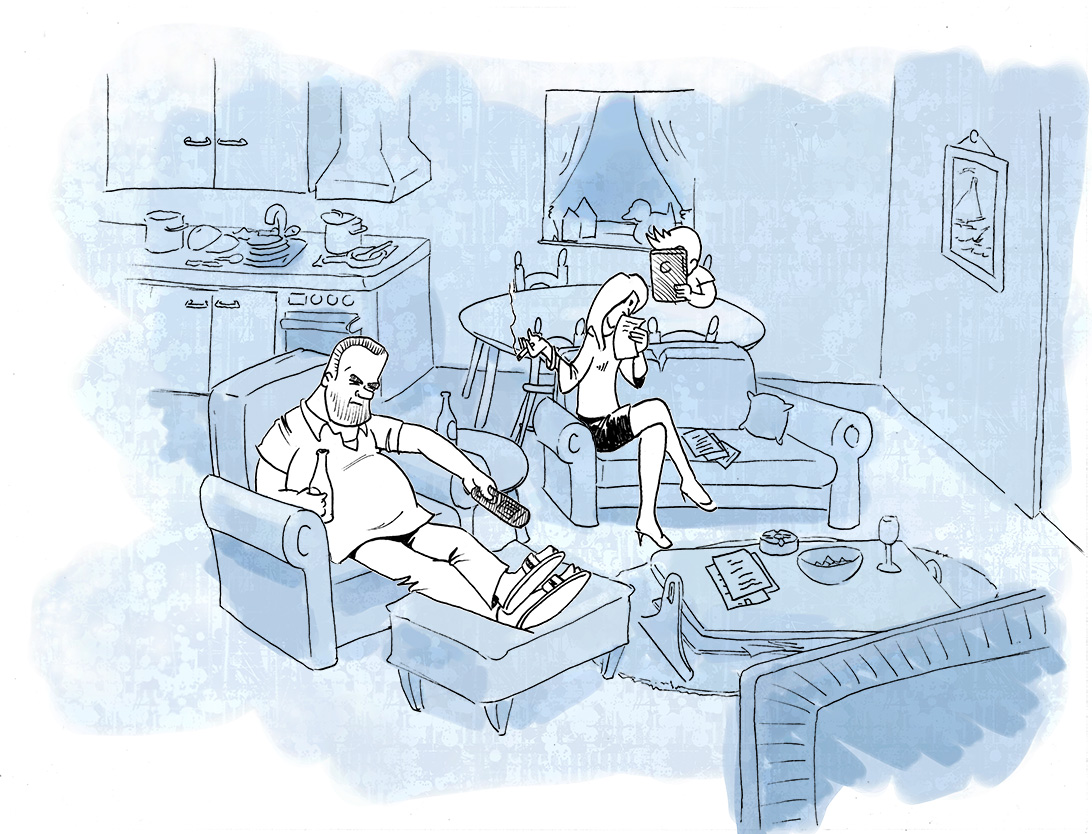 illustratie openningscene OTS-animatie, de huiskamer van de familie Mansveld.